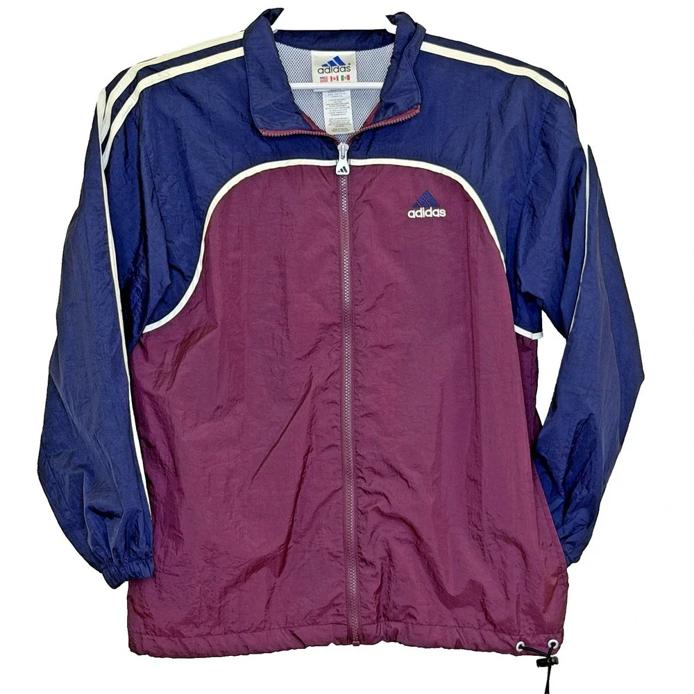 Adidas Windbreaker Jacket Mens Size Medium Maroon Blue Full Zip Pockets Vintage